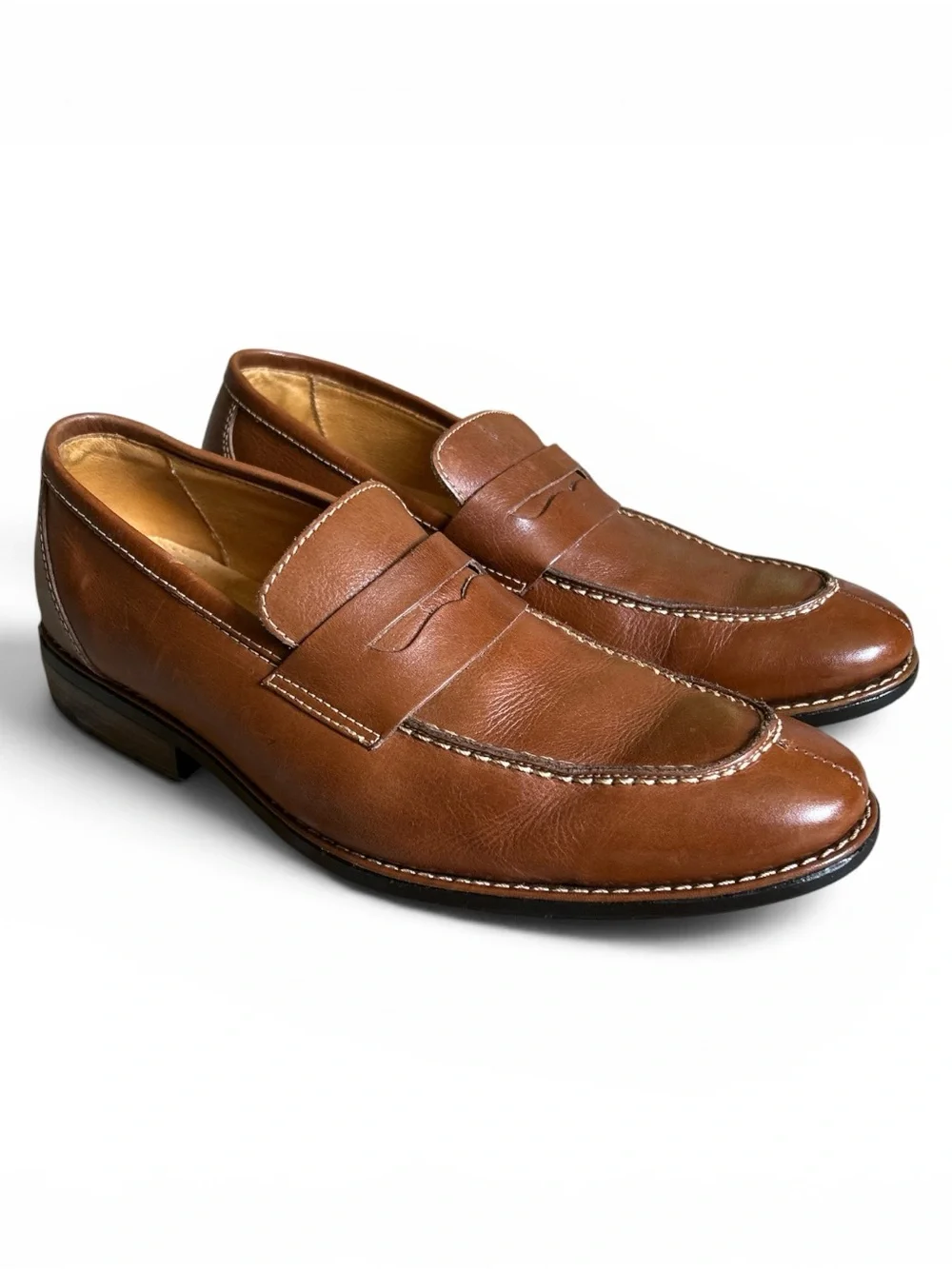 Sandro Moscoloni Cognac Tan Leather Penny Loafers Mens Size 9D Quiet Luxury Prep